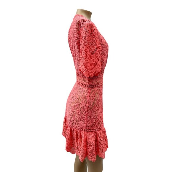 Saylor Darian Open Back Ruffle Mini Cocktail Dress Lace Crochet Coral Women XL - Picture 8 of 15